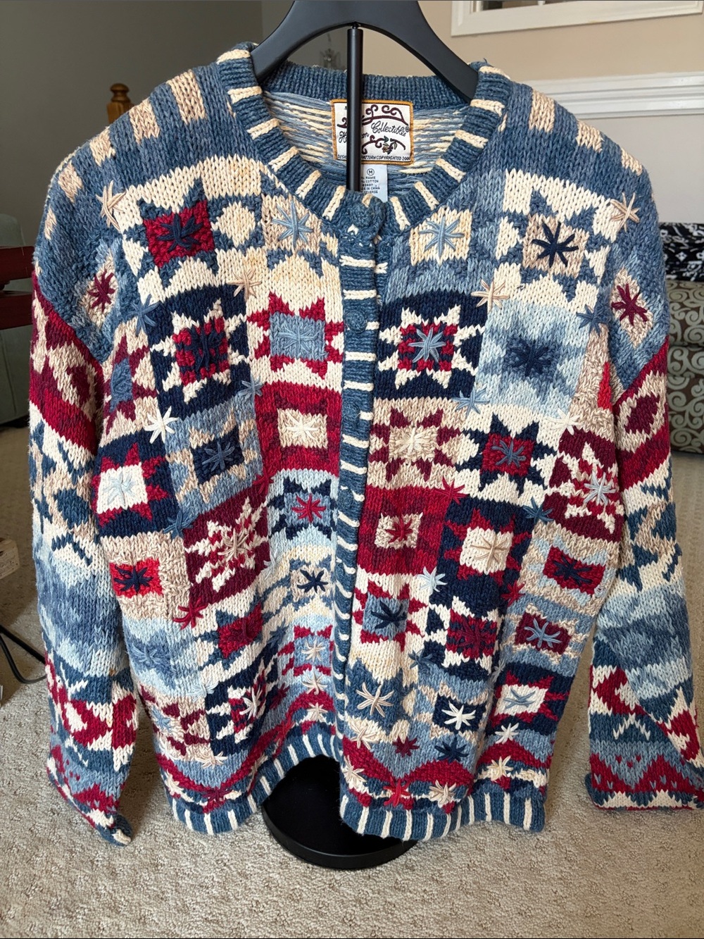 Vintage Multicolor Knit Cardigan Sweater - Blue, Red & Cream